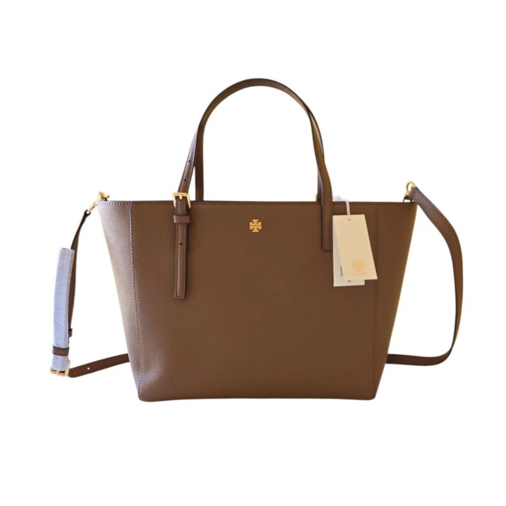 Tory Burch Emerson Top Zip Tote Moose Brown Saffiano Leather Crossbody Bag - Picture 1 of 16